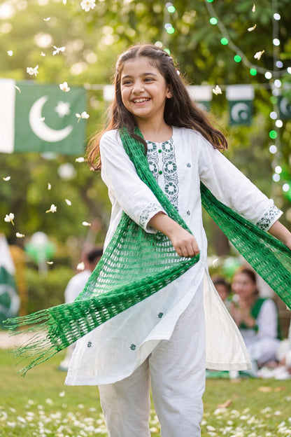 Azadi Joy: Green Embroidered White Kurti & Trouser Set