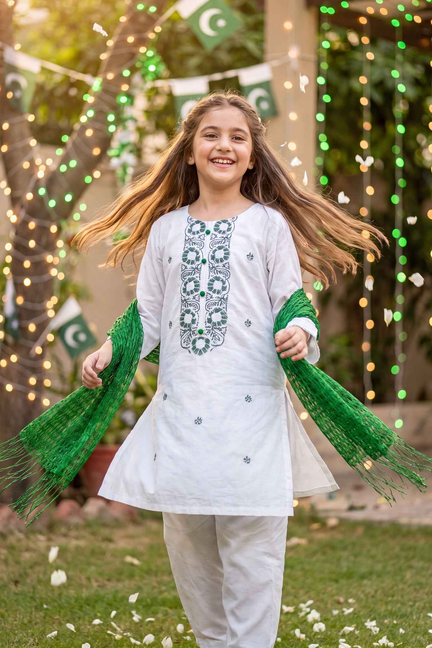 Azadi Joy: Green Embroidered White Kurti & Trouser Set