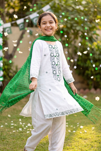 Azadi Joy: Green Embroidered White Kurti & Trouser Set