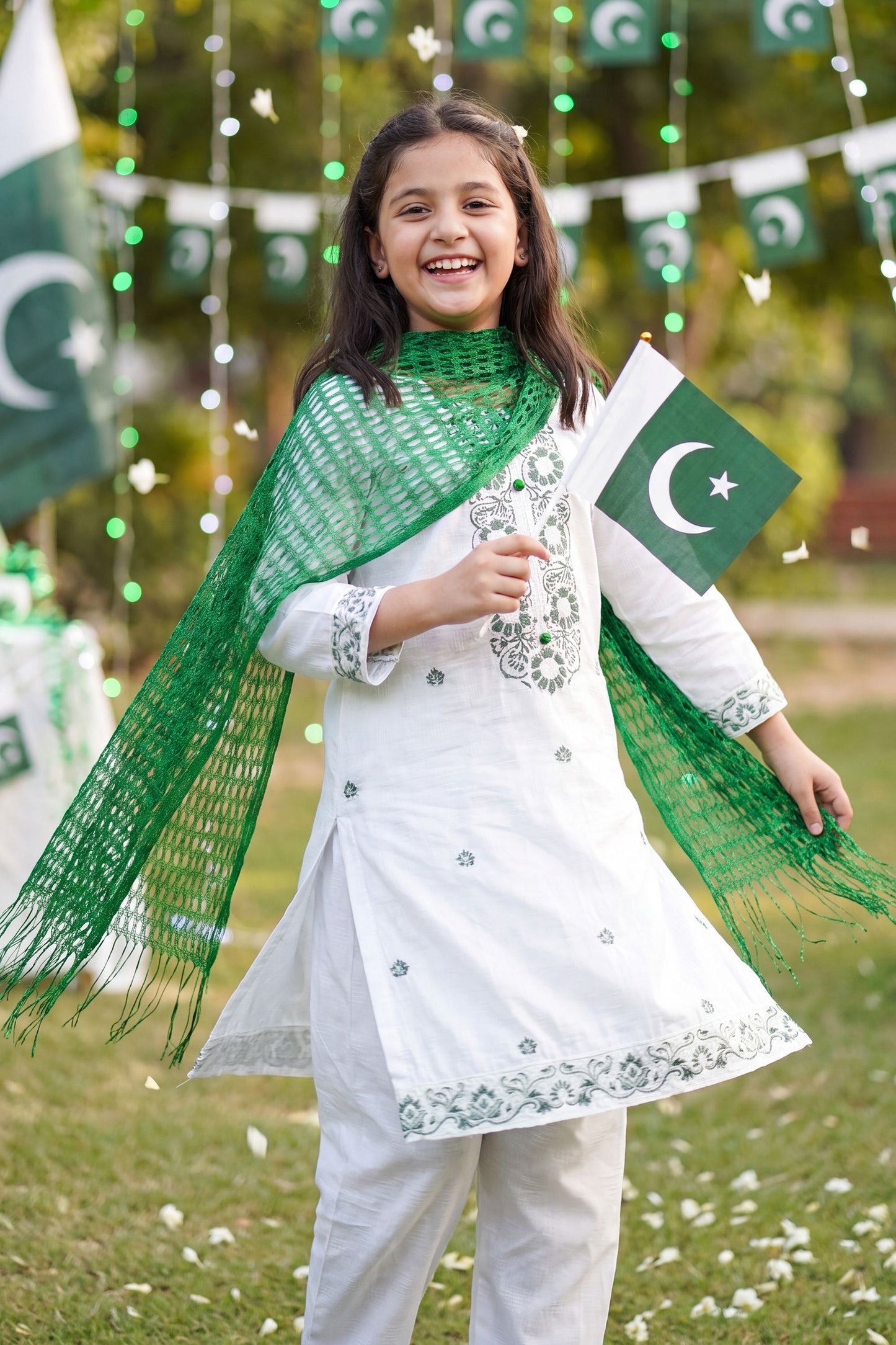 Azadi Joy: Green Embroidered White Kurti & Trouser Set