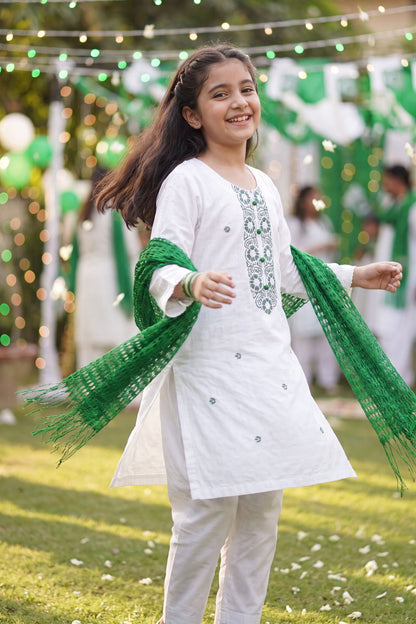 Azadi Joy: Green Embroidered White Kurti & Trouser Set