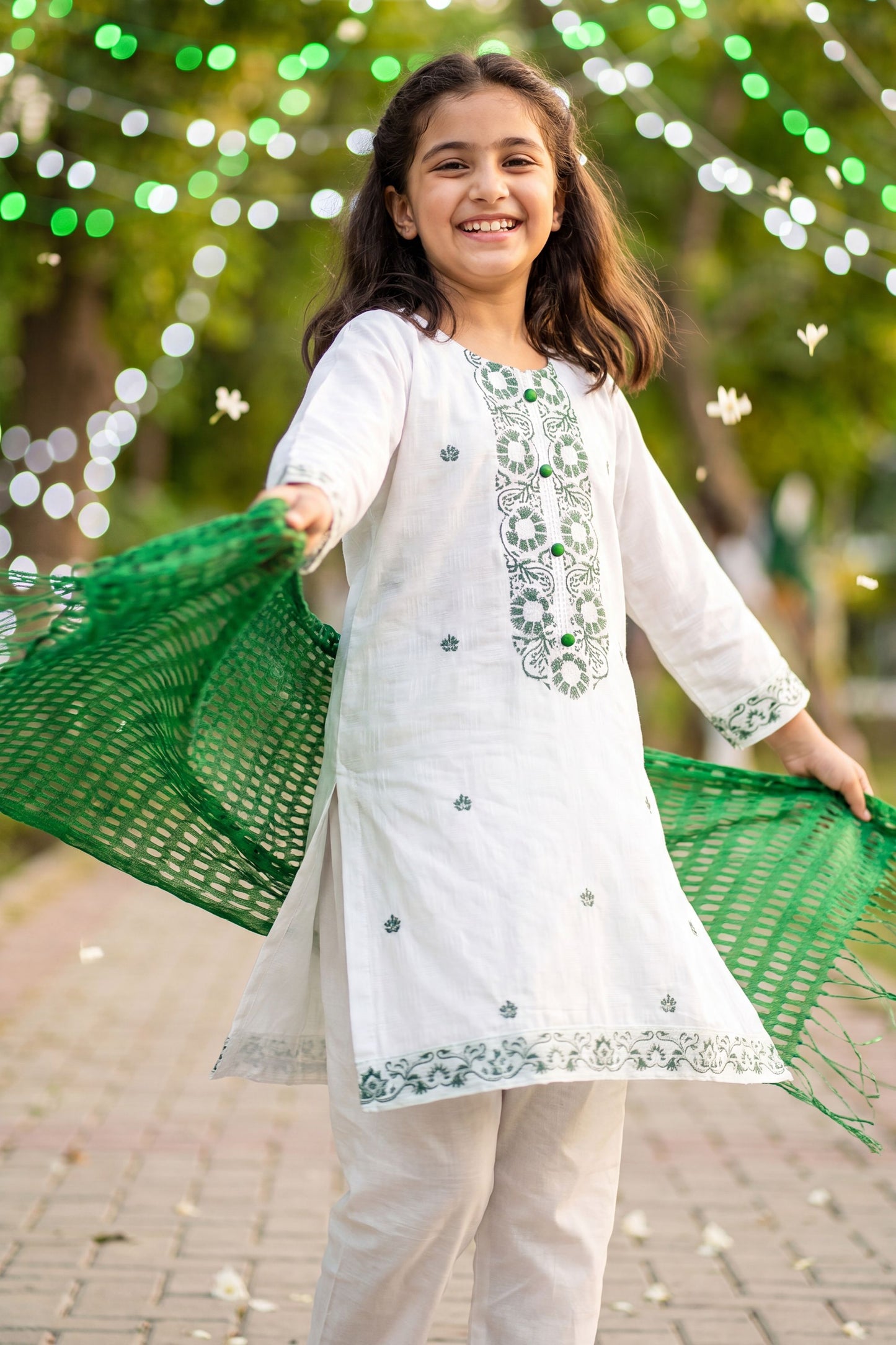 Azadi Joy: Green Embroidered White Kurti & Trouser Set