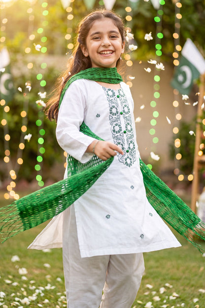 Azadi Joy: Green Embroidered White Kurti & Trouser Set