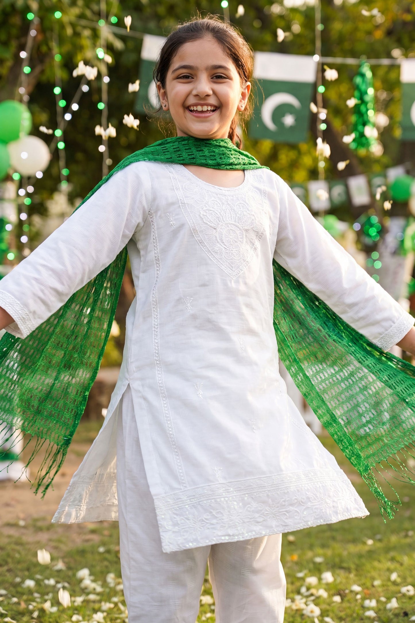 Azadi Elegance: White Chikankari Kurti with Scallop Border