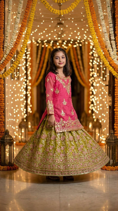 Mahnoor - Pink & Olive Embroidered Lehenga  Set