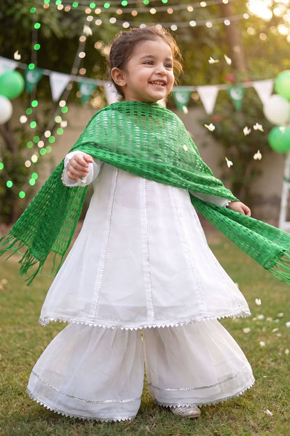 Jashn-e-Azadi: White Gharara Set with Green Dupatta (RESTOCKED)