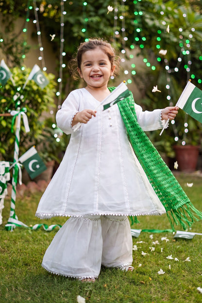 Jashn-e-Azadi: White Gharara Set with Green Dupatta (RESTOCKED)