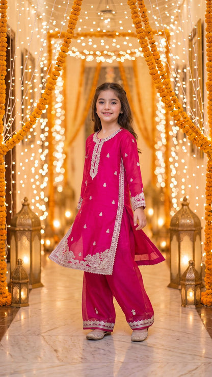 Natasha - Fuchsia Pink Silver-Embroidered Kurta & Trouser Set
