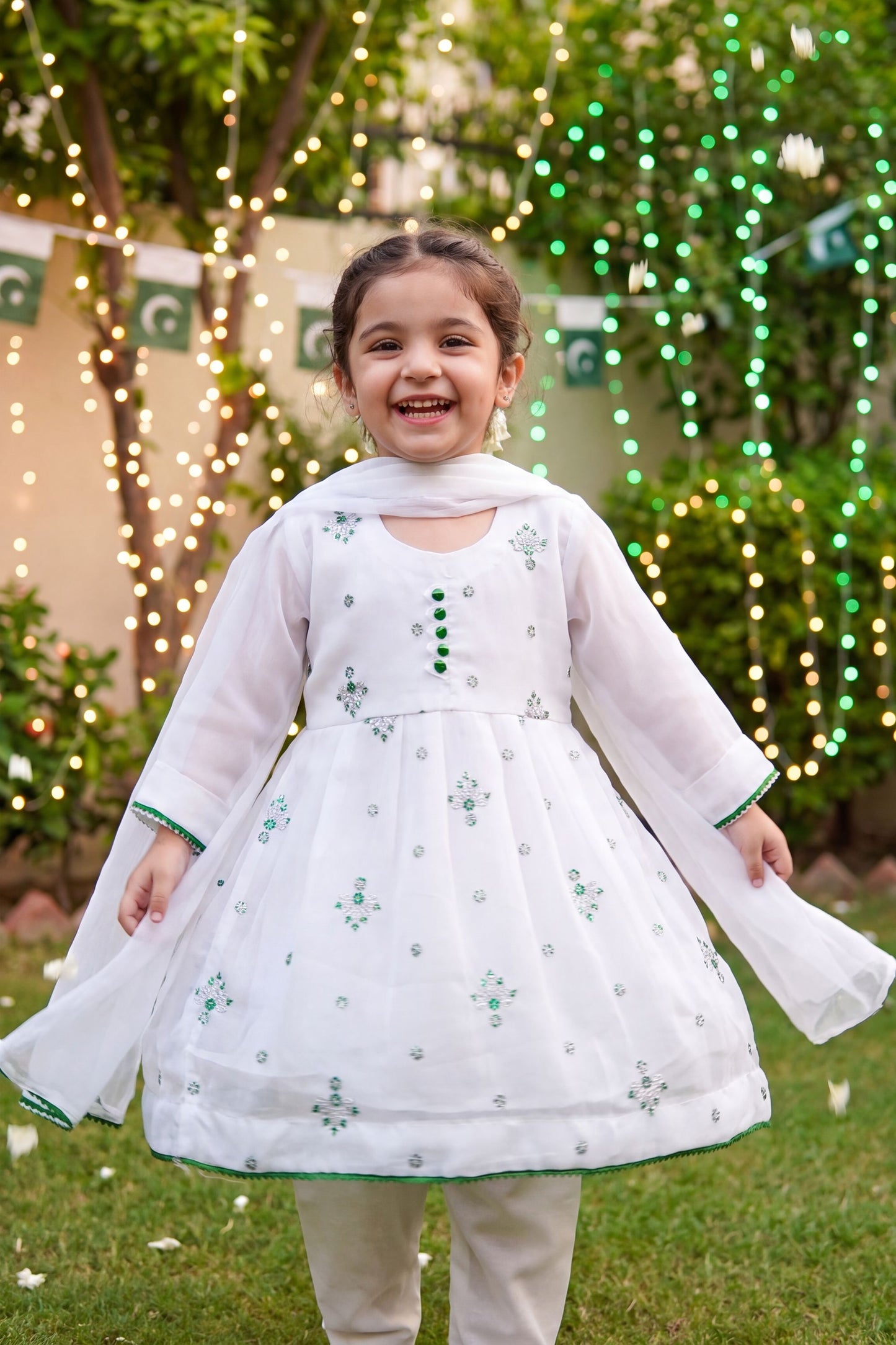 Azadi Sparkle: Chiffon Festive Frock with Green Buttons