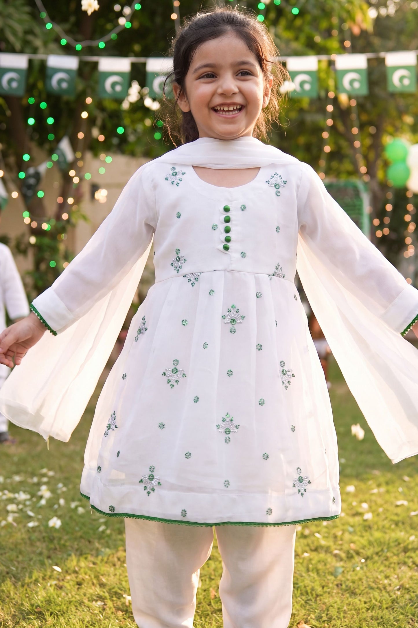 Azadi Sparkle: Chiffon Festive Frock with Green Buttons