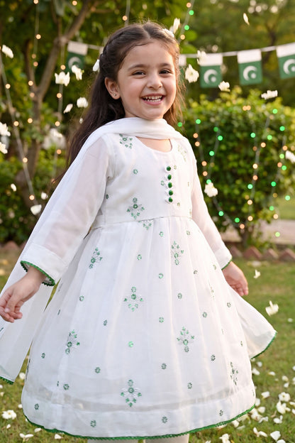 Azadi Sparkle: Chiffon Festive Frock with Green Buttons