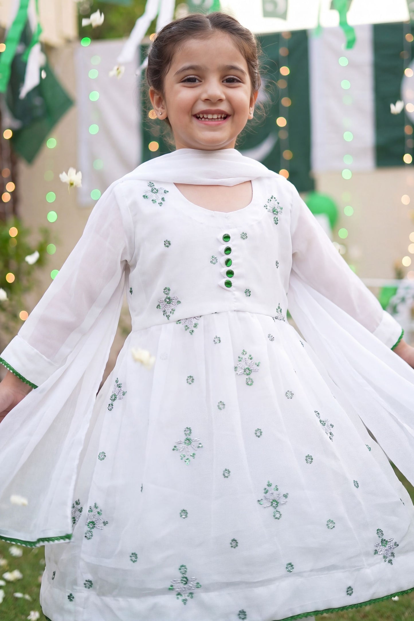 Azadi Sparkle: Chiffon Festive Frock with Green Buttons