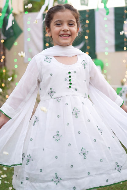 Azadi Sparkle: Chiffon Festive Frock with Green Buttons