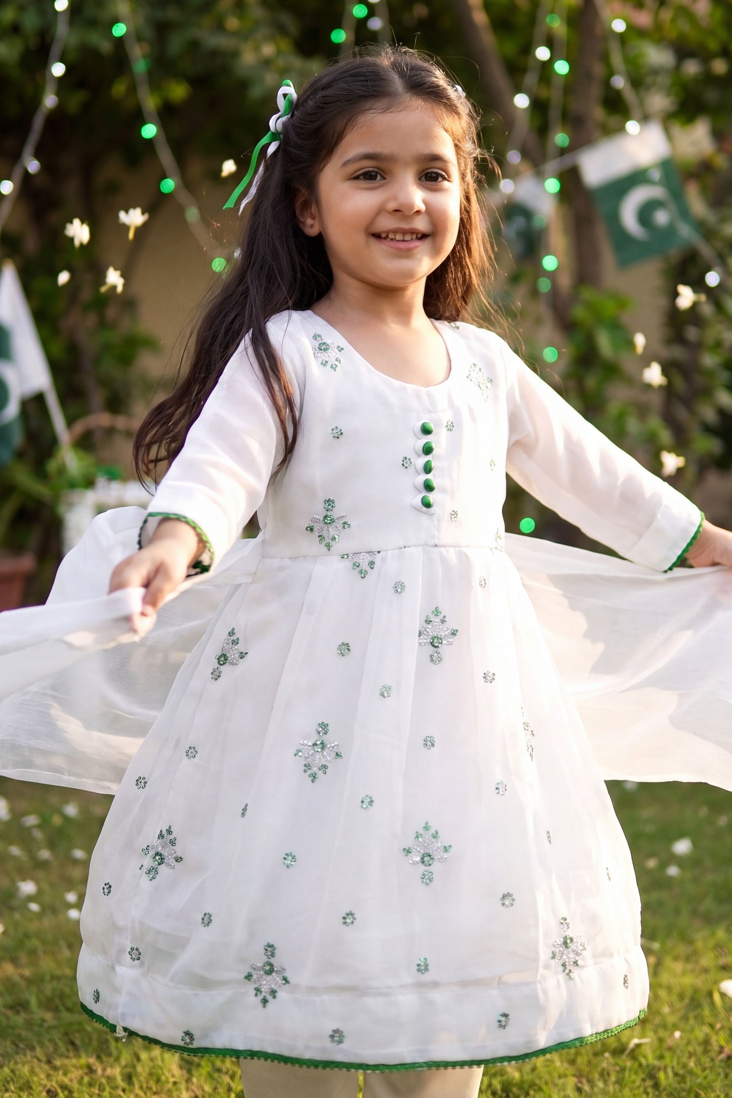 Azadi Sparkle: Chiffon Festive Frock with Green Buttons