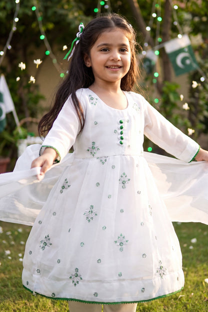 Azadi Sparkle: Chiffon Festive Frock with Green Buttons