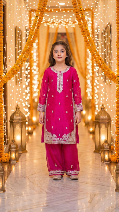 Natasha - Fuchsia Pink Silver-Embroidered Kurta & Trouser Set