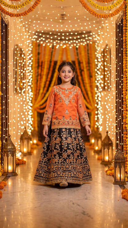 Mehrunisa - Vibrant Orange & Black Embroidered Lehenga Set