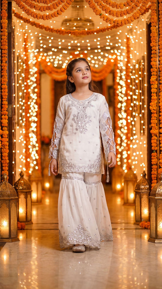 ZAHRA - White & Silver Embellished Gharara Set