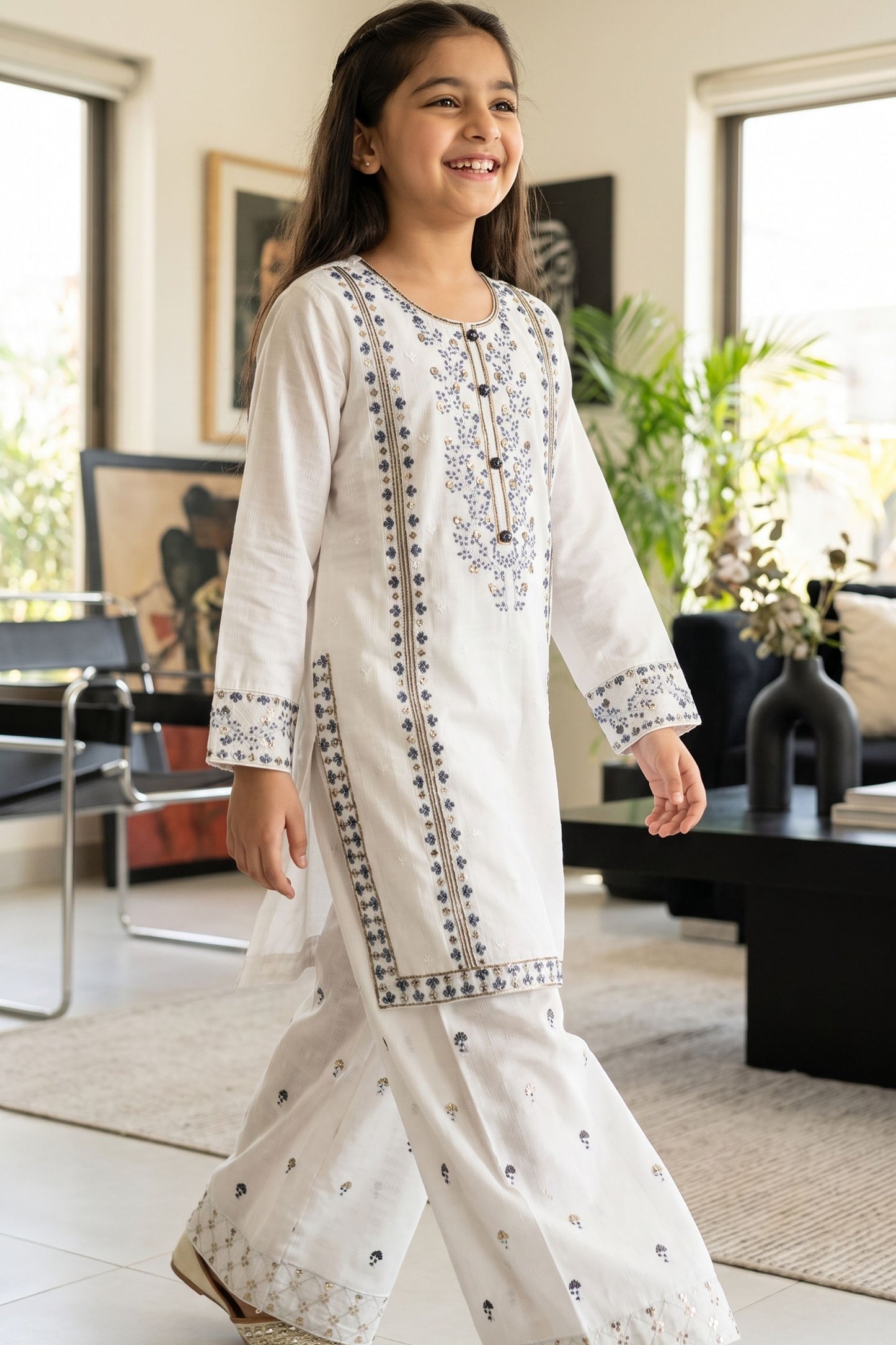 [NEW ARRIVAL] "Zahara" Embroidered Off-White Kurta & Wide Leg Trouser