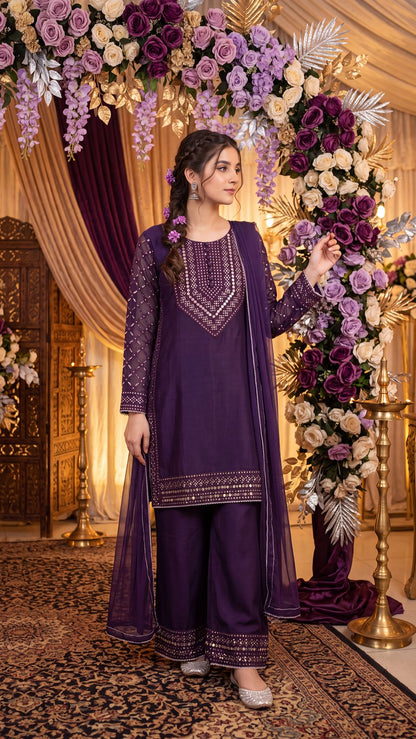 SAMEEN-Royal Plum Embellished Festive Suit
