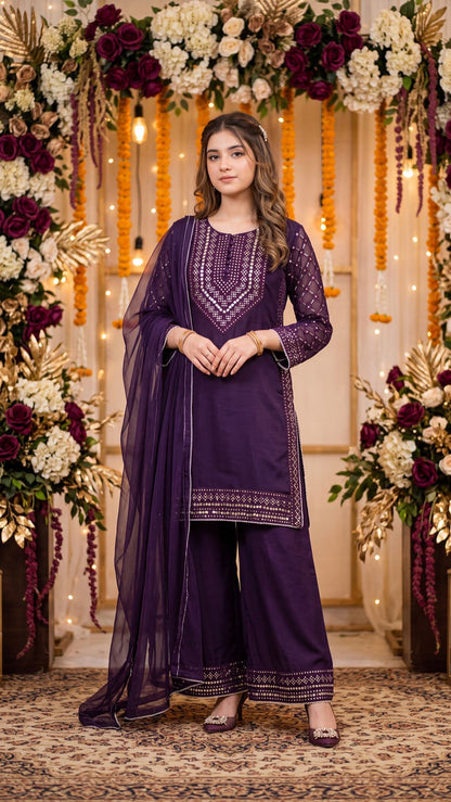 SAMEEN-Royal Plum Embellished Festive Suit