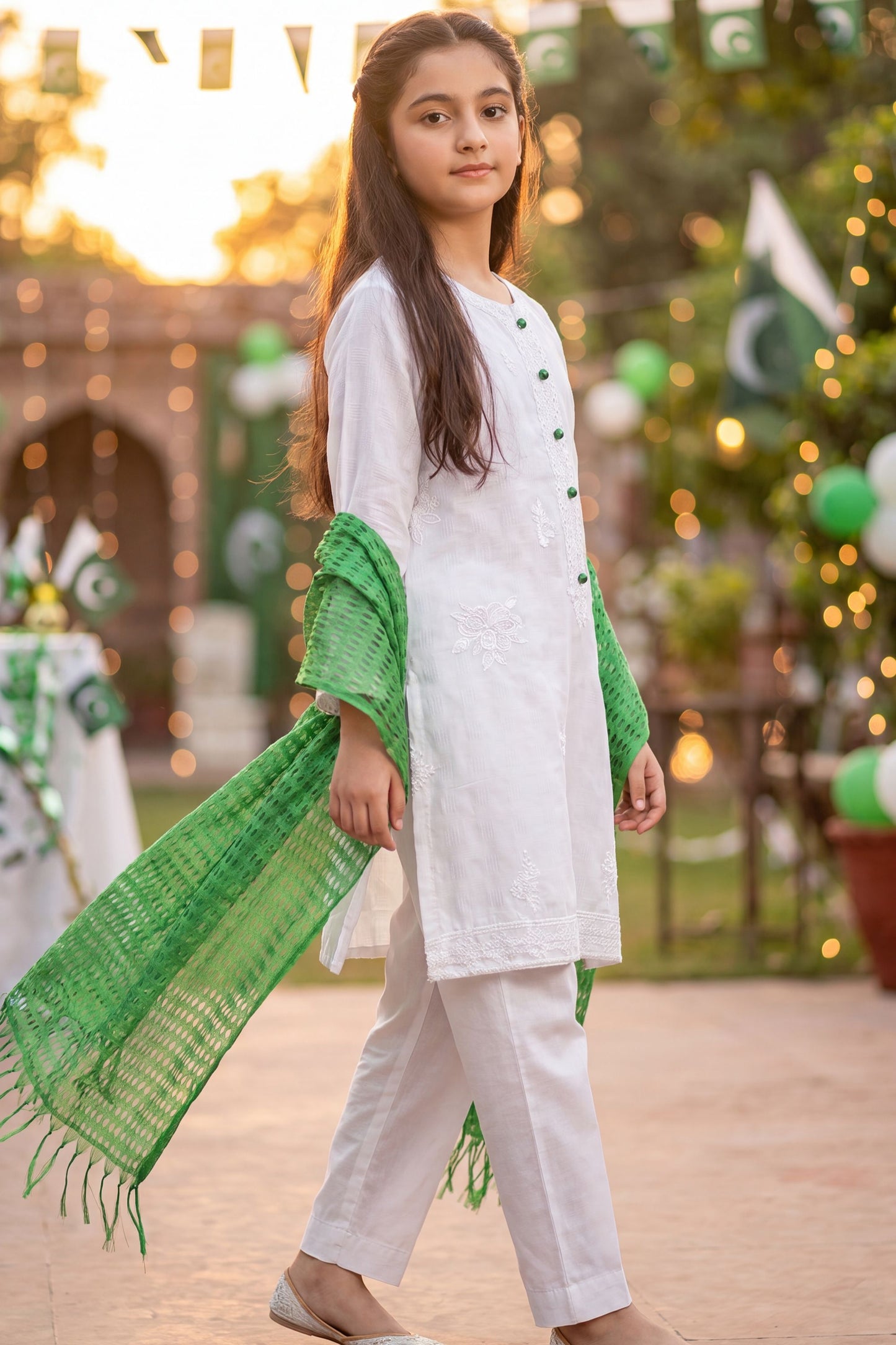 Azadi Grace: White embroidered Shirt with Green Accent Buttons And Dubatta