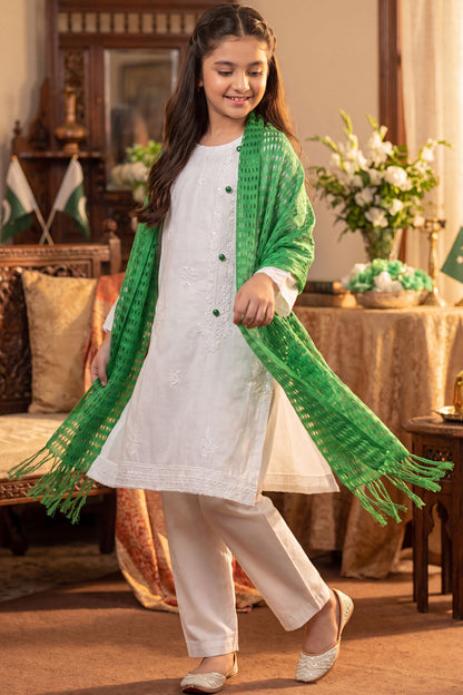 Azadi Grace: White embroidered Shirt with Green Accent Buttons And Dubatta