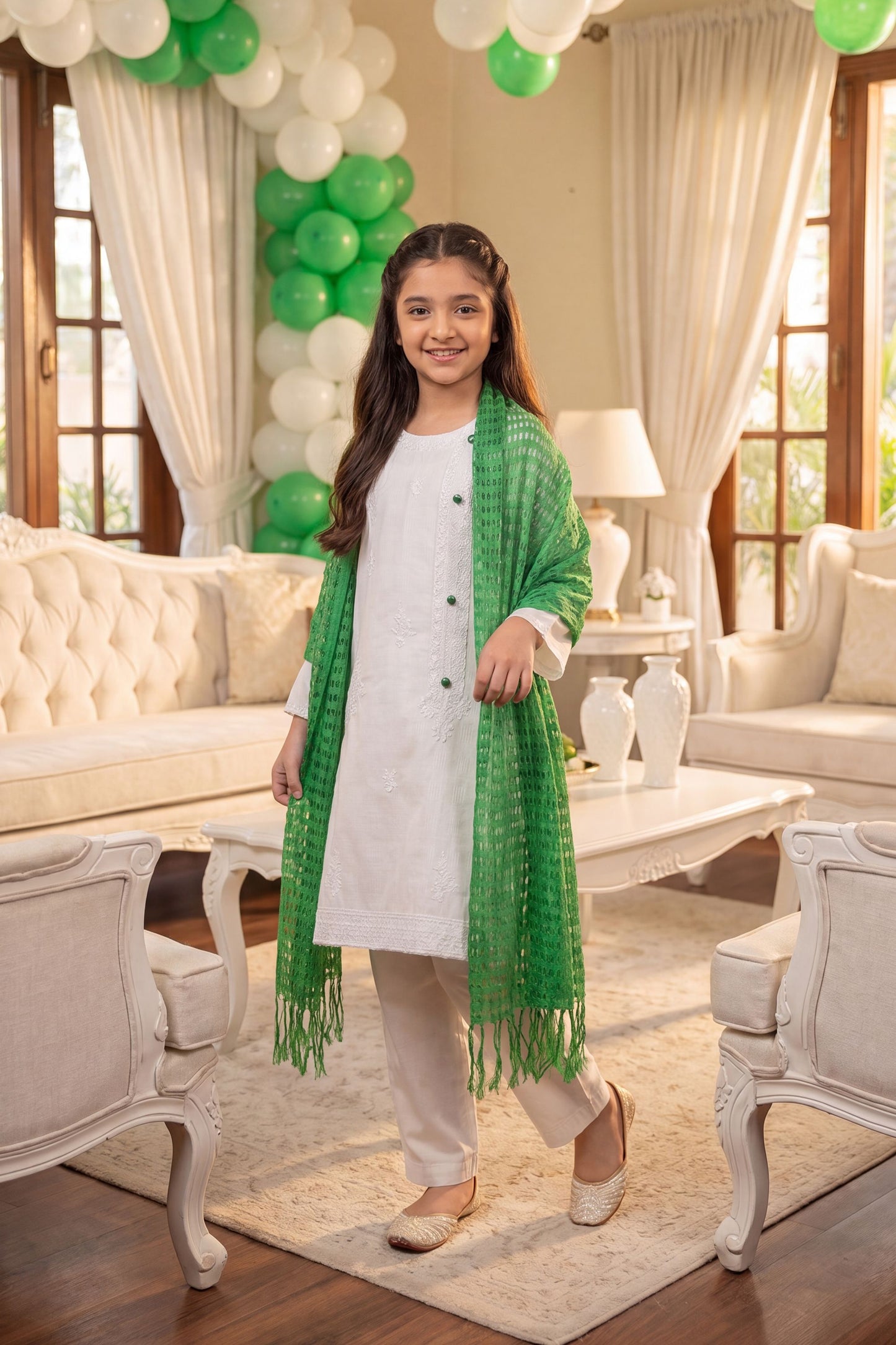 Azadi Grace: White embroidered Shirt with Green Accent Buttons And Dubatta