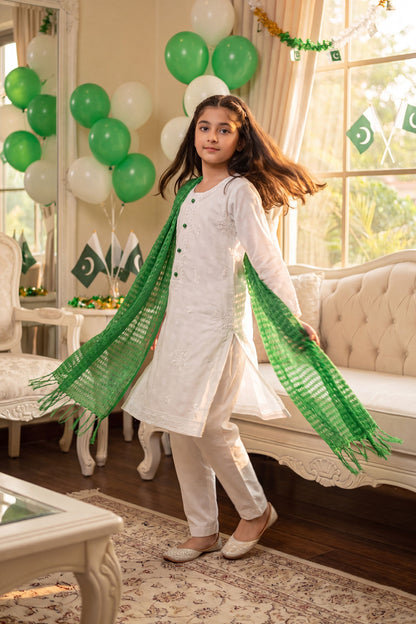 Azadi Grace: White embroidered Shirt with Green Accent Buttons And Dubatta