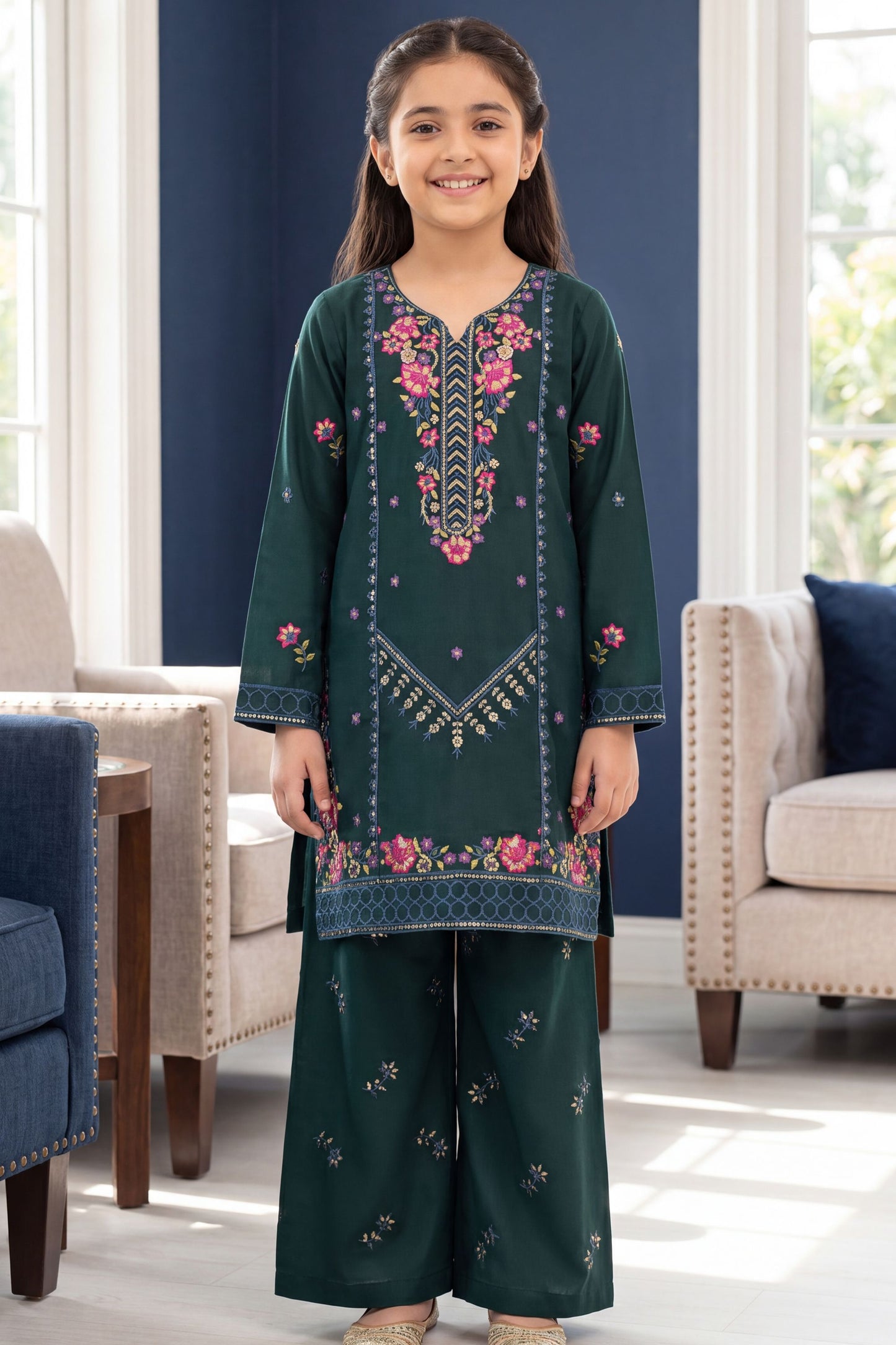 [NEW ARRIVAL] ALISHA-Bottle Green Floral Embroidered 2-pc suit