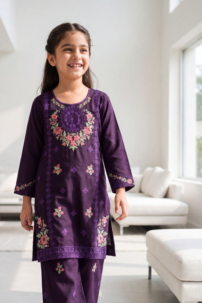 NEW ARRIVAL] MISHA- Deep Purple Floral Embroidered 2-Piece Suit