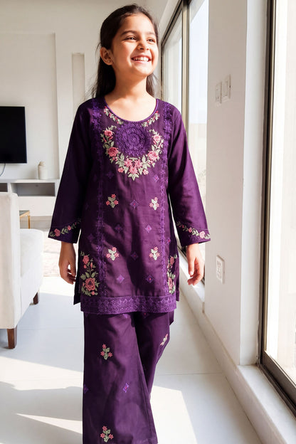 NEW ARRIVAL] MISHA- Deep Purple Floral Embroidered 2-Piece Suit