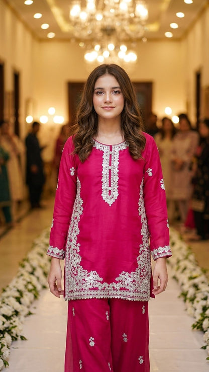 Natasha - Fuchsia Pink Silver-Embroidered Kurta & Trouser Set