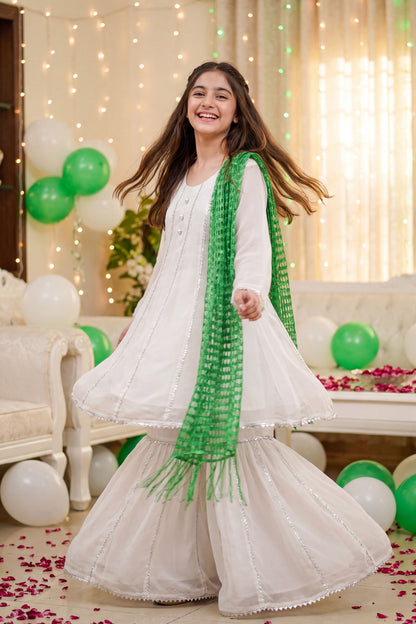 Jashn-e-Azadi: White Gharara Set with Green Dupatta (RESTOCKED)