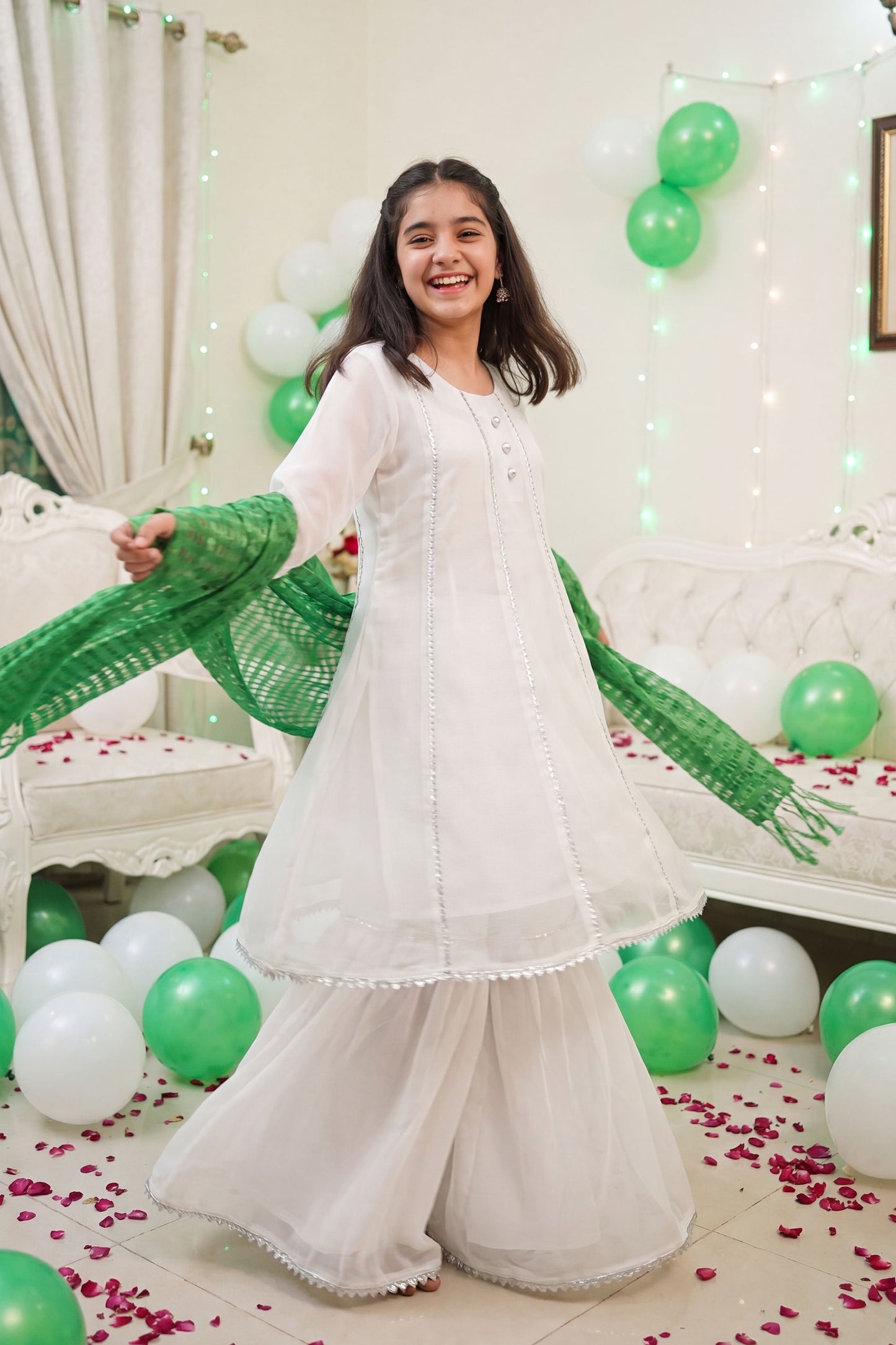 Jashn-e-Azadi: White Gharara Set with Green Dupatta (RESTOCKED)