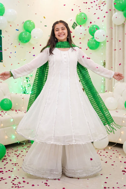 Jashn-e-Azadi: White Gharara Set with Green Dupatta (RESTOCKED)