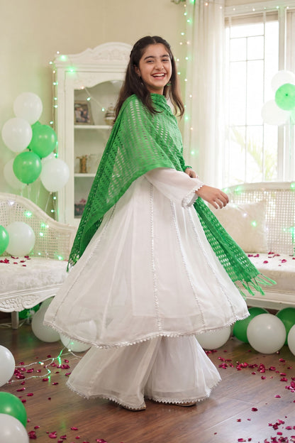 Jashn-e-Azadi: White Gharara Set with Green Dupatta (RESTOCKED)