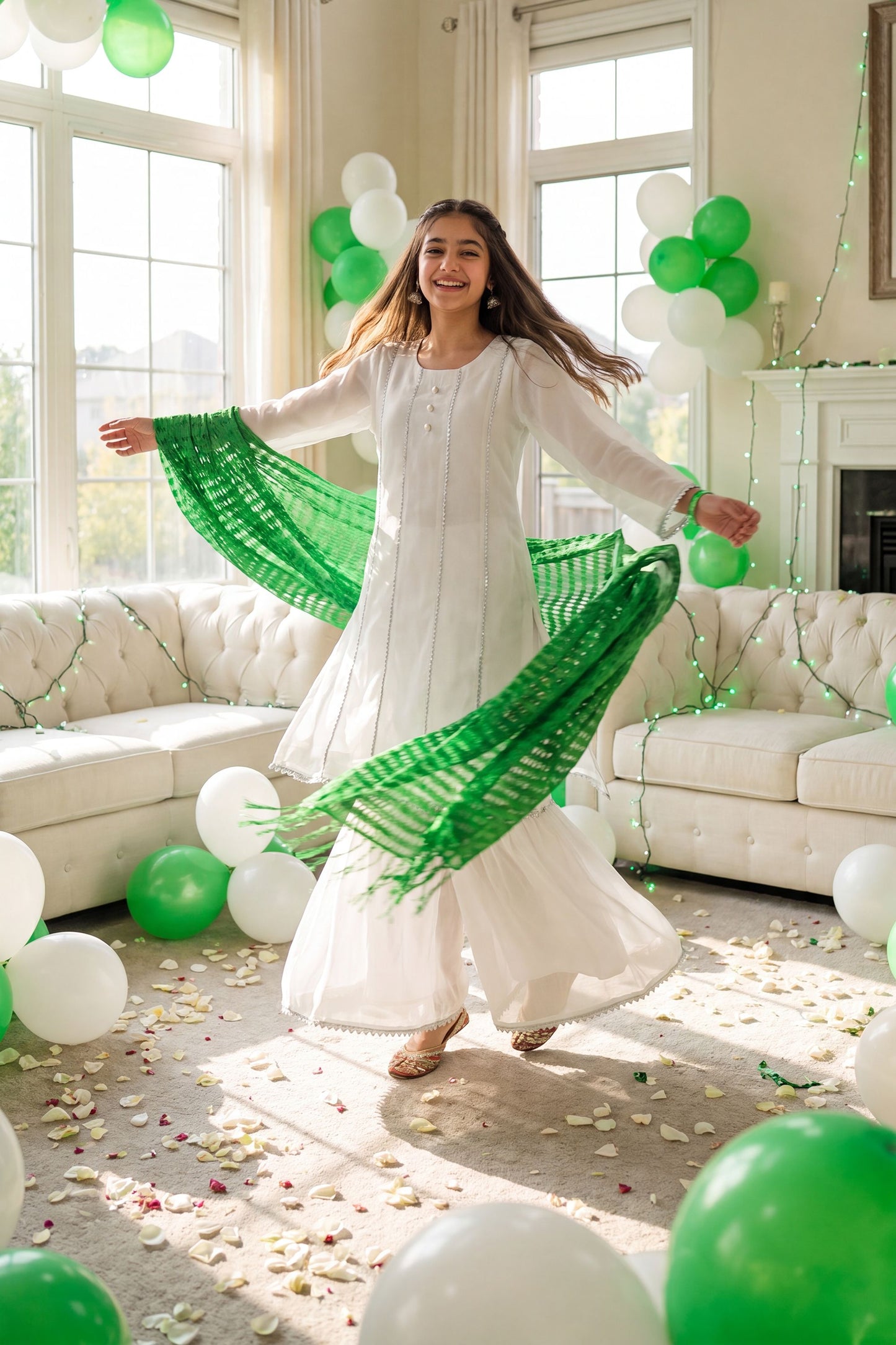 Jashn-e-Azadi: White Gharara Set with Green Dupatta (RESTOCKED)