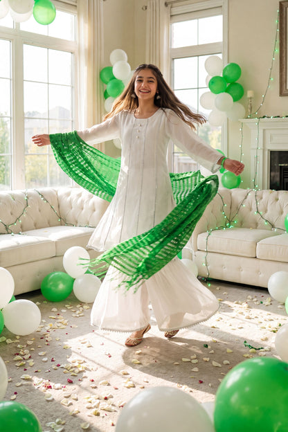 Jashn-e-Azadi: White Gharara Set with Green Dupatta (RESTOCKED)