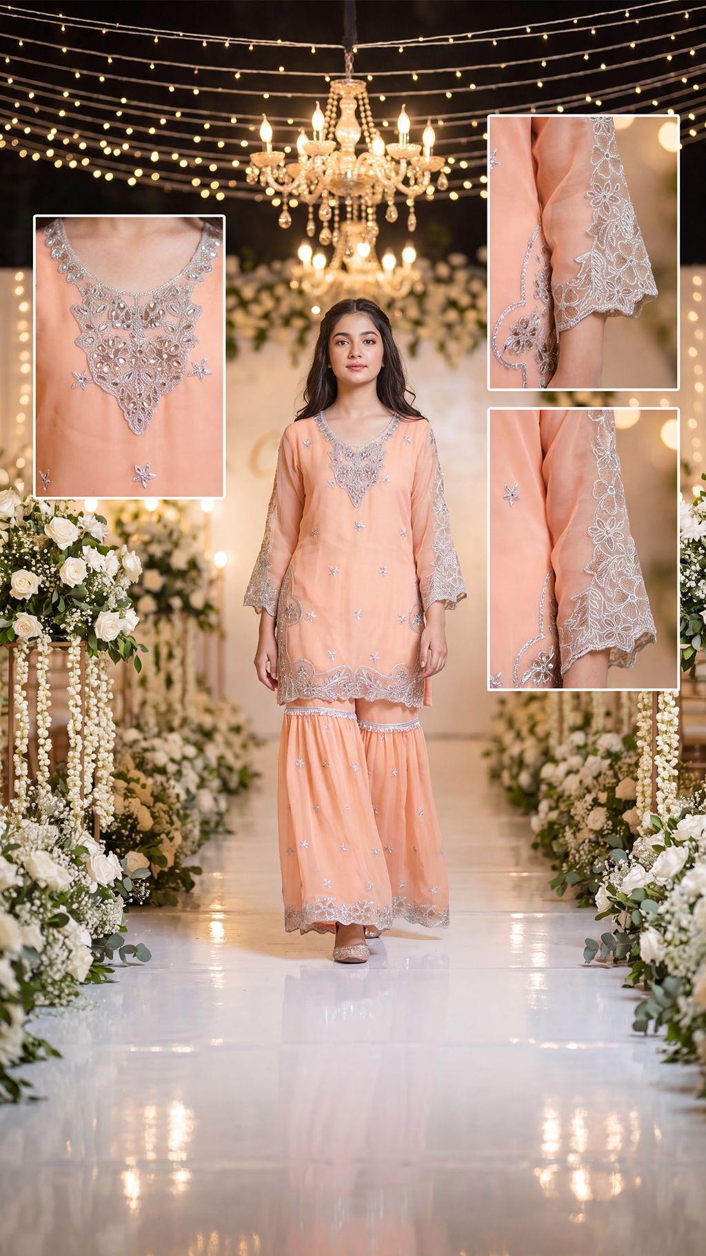 AFIA  - Peach Pastel Silver-Embroidered Gharara Set