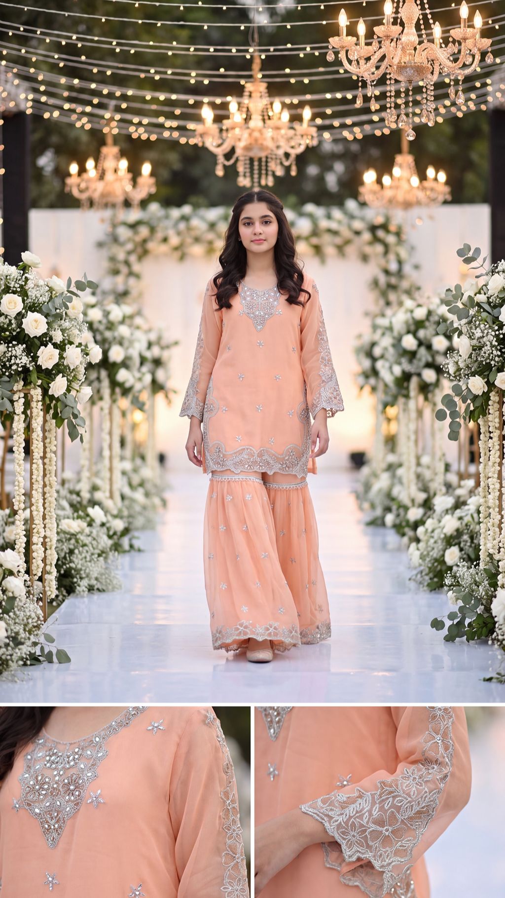 AFIA  - Peach Pastel Silver-Embroidered Gharara Set