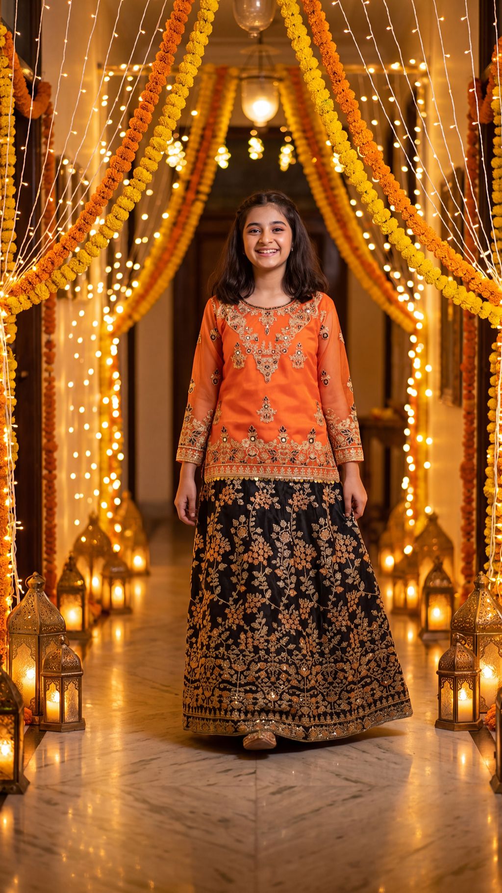 Mehrunisa - Vibrant Orange & Black Embroidered Lehenga Set