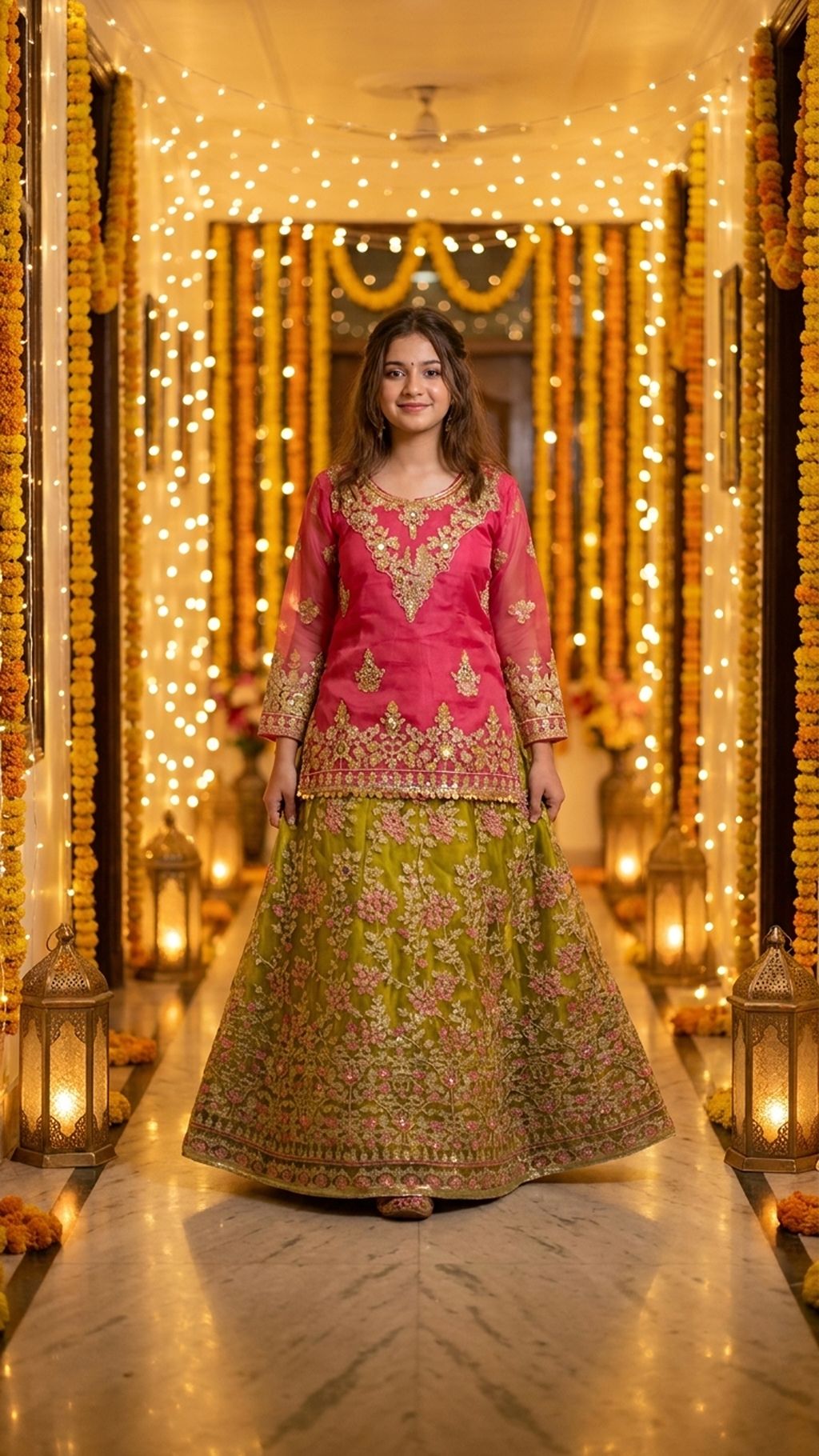 Mahnoor - Pink & Olive Embroidered Lehenga  Set