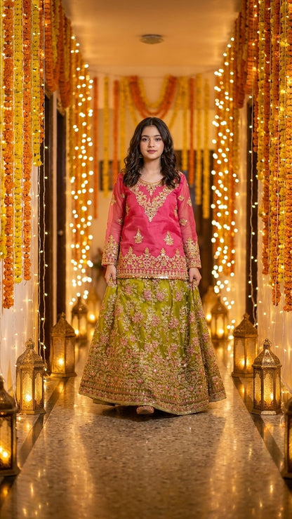 Mahnoor - Pink & Olive Embroidered Lehenga  Set
