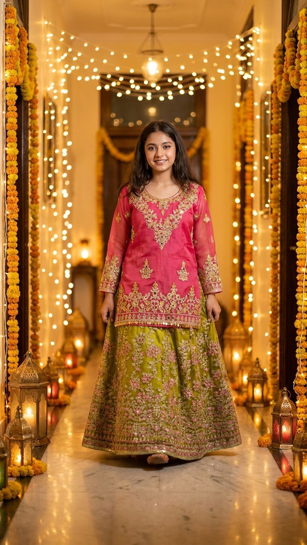 Mahnoor - Pink & Olive Embroidered Lehenga  Set