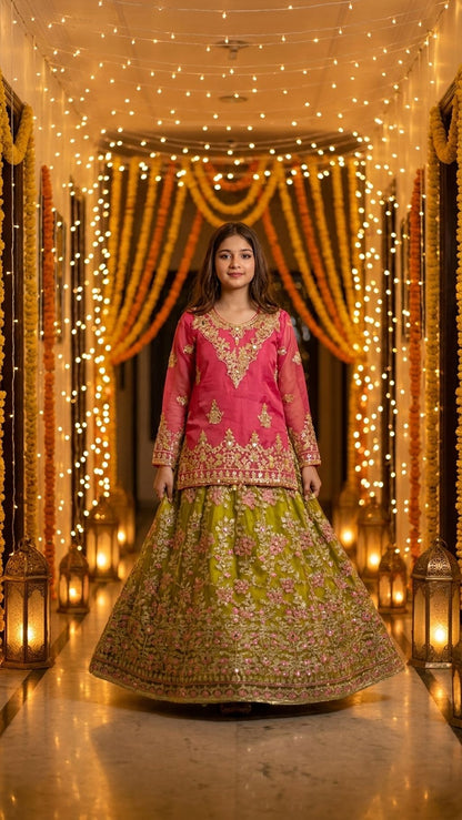Mahnoor - Pink & Olive Embroidered Lehenga  Set