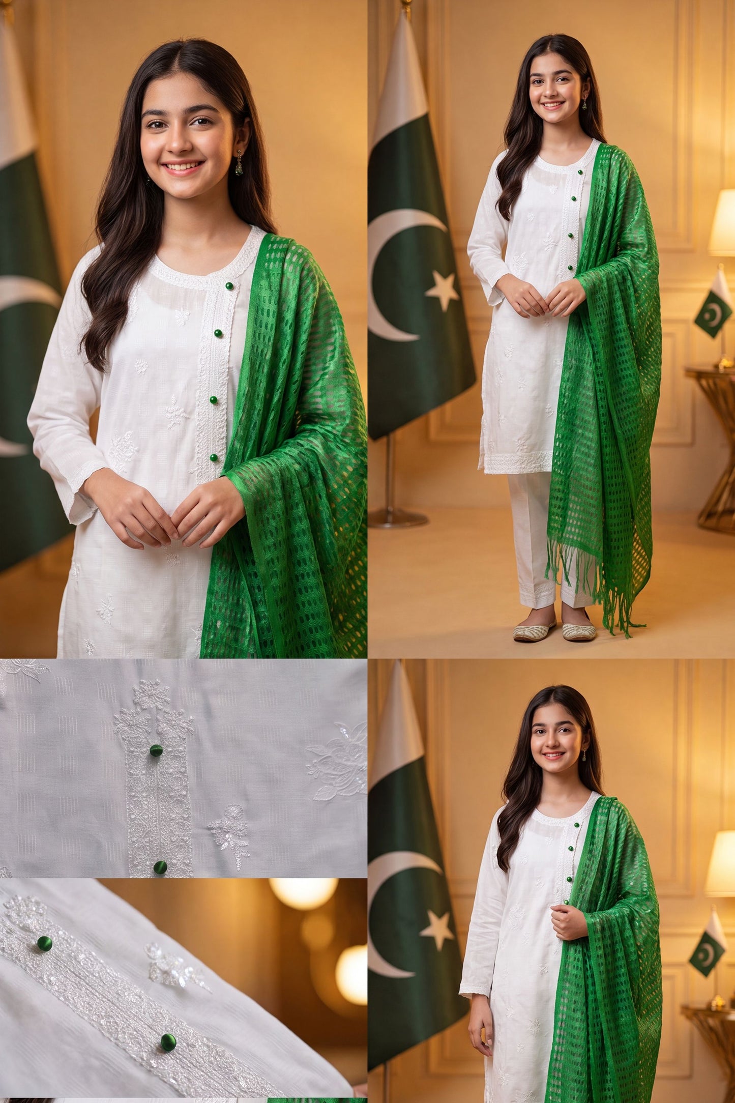 Azadi Grace: White embroidered Shirt with Green Accent Buttons And Dubatta
