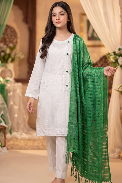 Azadi Grace: White embroidered Shirt with Green Accent Buttons And Dubatta