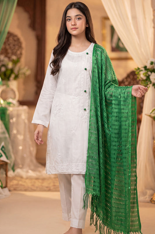Azadi Grace: White embroidered Shirt with Green Accent Buttons And Dubatta