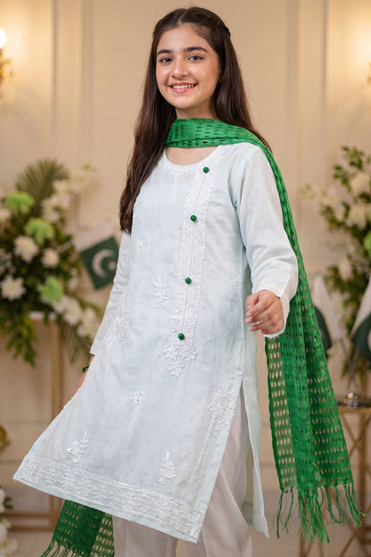 Azadi Grace: White embroidered Shirt with Green Accent Buttons And Dubatta
